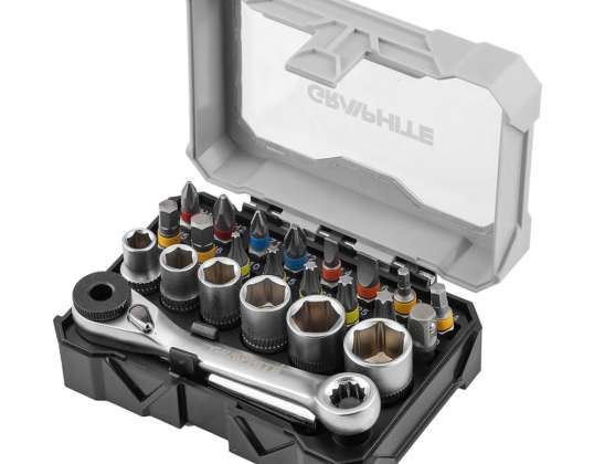Set of bits 25 mm and sockets with ratchet and magnetic holder 60 mm. 24 pcs.