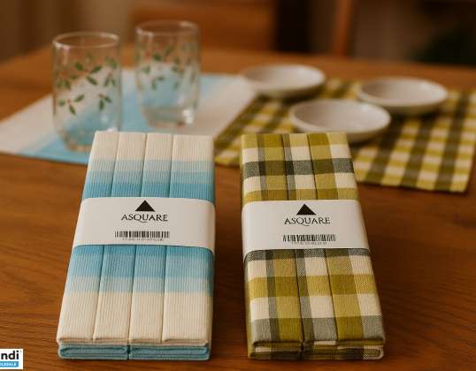 100 6er-Tischsets ASQAURE Tischservietten grau-beige / hellblau-weiß karo 33x45cm 100% Baumwolle, Großhandel Resposten