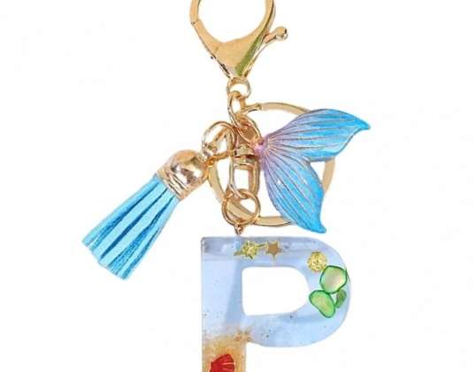 BRIEF " P" sleutelhanger, SEA, zeemeerminstaart, schelpen, franjes BRL353P