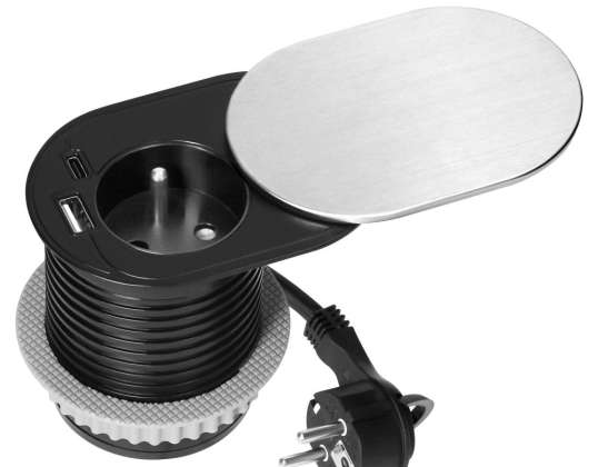 Meubelstopcontact ?6cm. Ingebouwd in het aanrecht met een schuifdeksel, USB-oplader en kabel van 1,9m. 1x2P+Z (Frans), 1xUSB (type A+C; PD20W), zilver