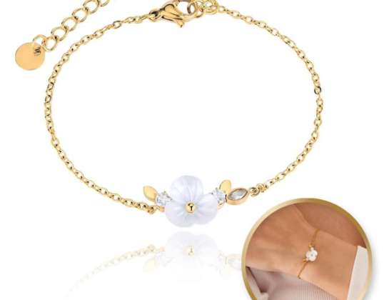 14k forgyldt kirurgisk stål armbånd, hvid blomst, cubic zirconia BST1516