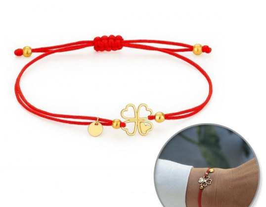 Forgyldt CLOVER-armbånd i kirurgisk stål, rødt på en snor BST1553