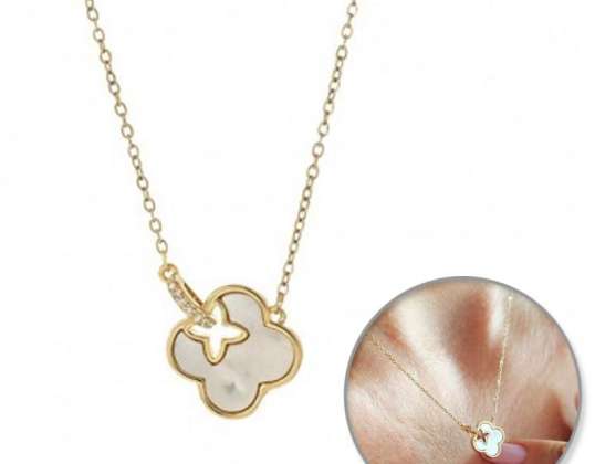 14k forgyldt halskæde i rustfrit stål, cubic zirconia, kløver NST2196