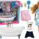 Puppe für Kinder mit langen blonden Haaren, blauer Bademantel, Badewanne, Badezimmer Bild 1