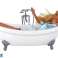 Puppe für Kinder mit langen blonden Haaren, blauer Bademantel, Badewanne, Badezimmer Bild 5