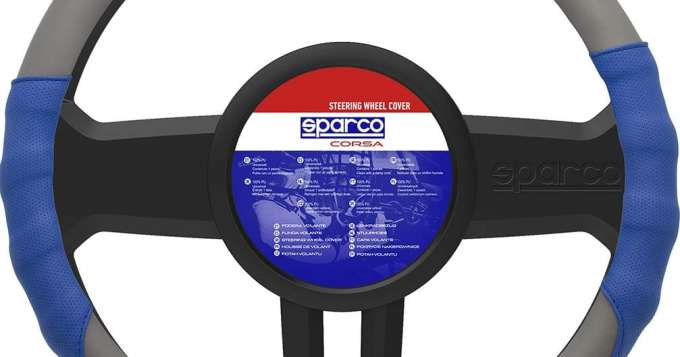 SPARCO Coprivolante Grigio / Blu, PU *NEW* Tuning Design Universale  38x38x4cm - Germania, Nuova - Piattaforma all'ingrosso